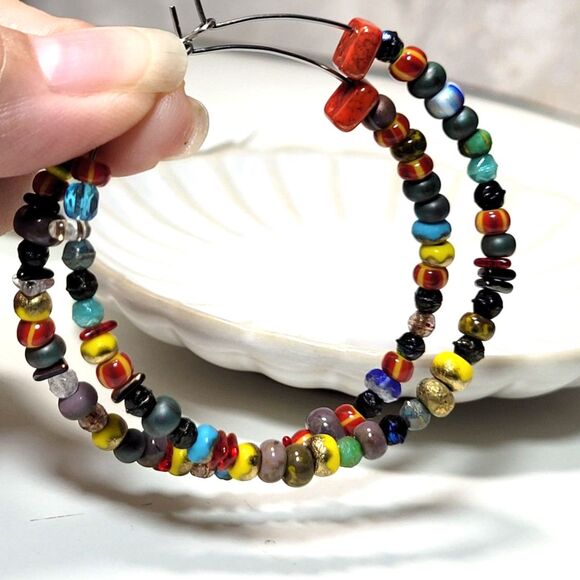 Hoop Earrings  657#FS bohemian multicolor beaded big hoop earrings art 2R summer - Picture 4 of 7
